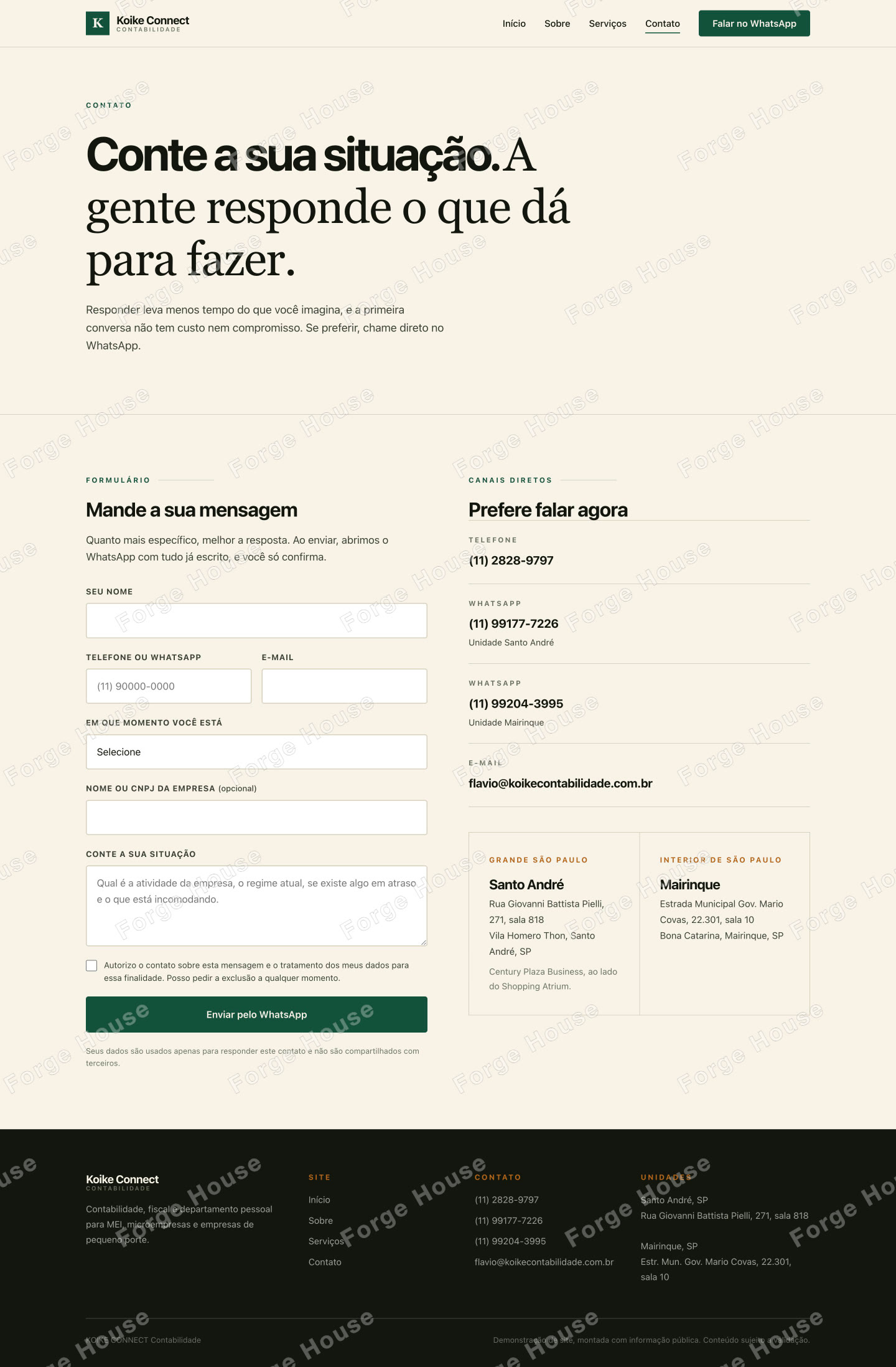 Página de contato na versão desktop, do topo ao rodapé