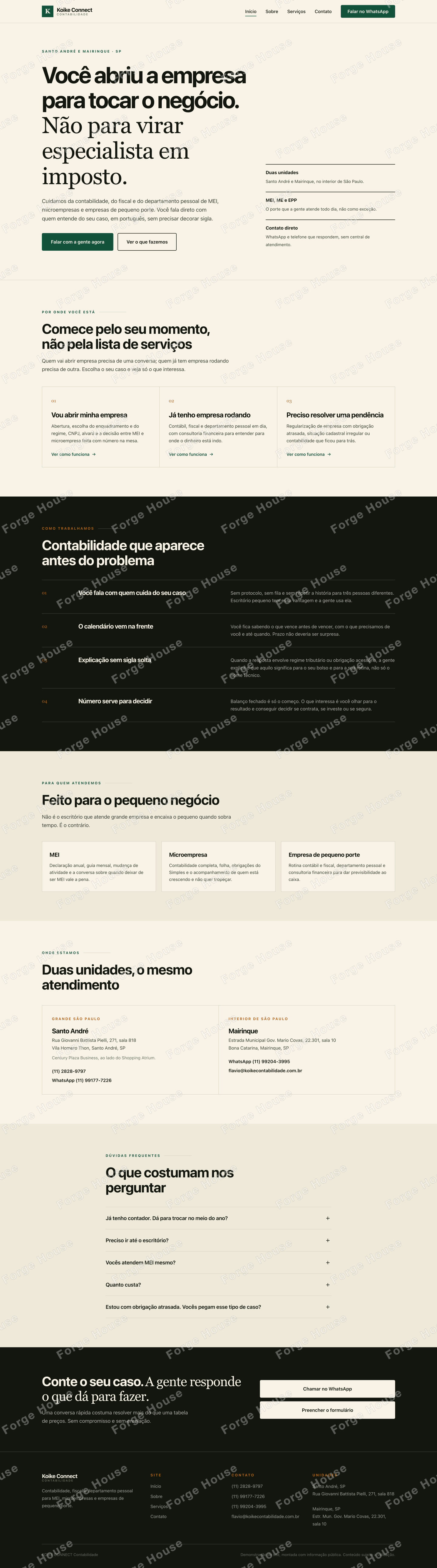 Página inicial do site de contabilidade na versão desktop, do topo ao rodapé
