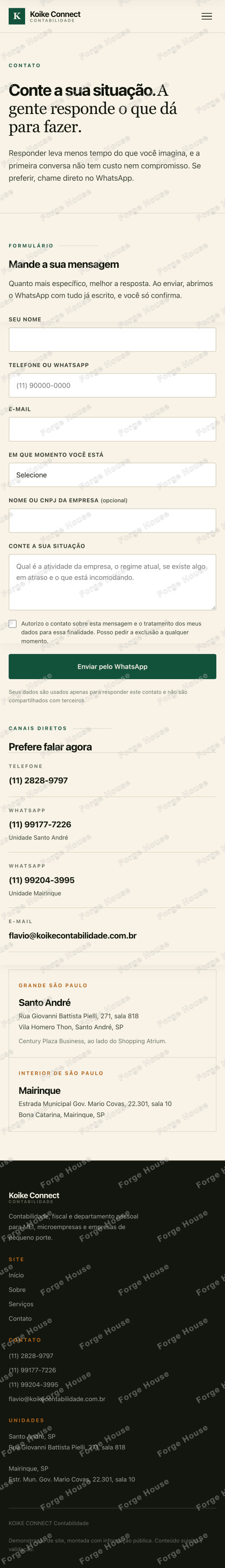 Página de contato na versão para celular, do topo ao rodapé