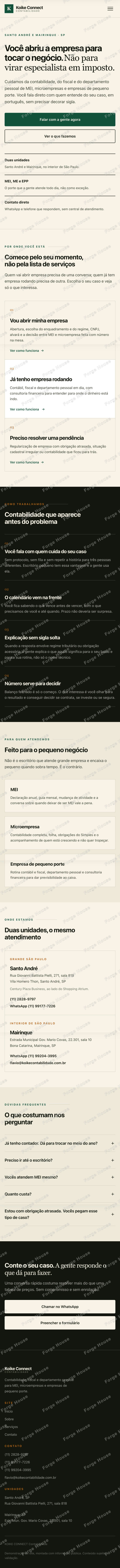 Página inicial do site de contabilidade na versão para celular, do topo ao rodapé