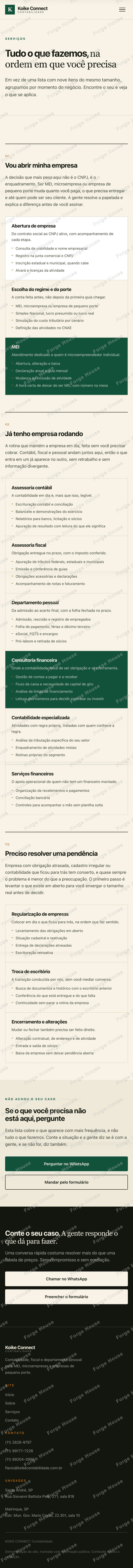Página de serviços na versão para celular, do topo ao rodapé